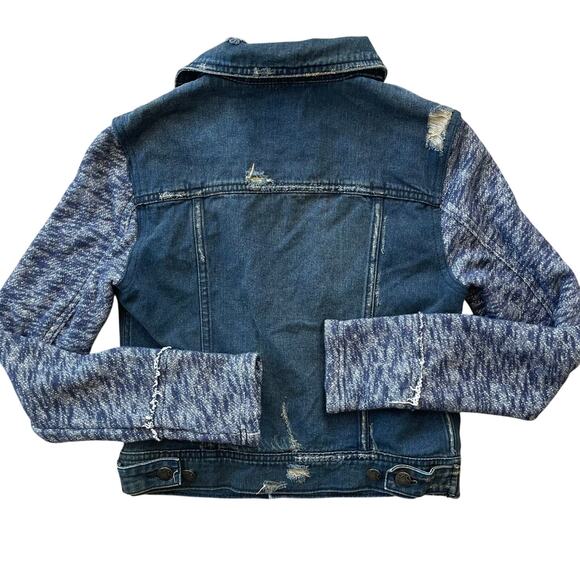 Free People Women Distressed Denim Knit Jacket XS Long Sleeve Boho Jean Shacket - Picture 2 of 10